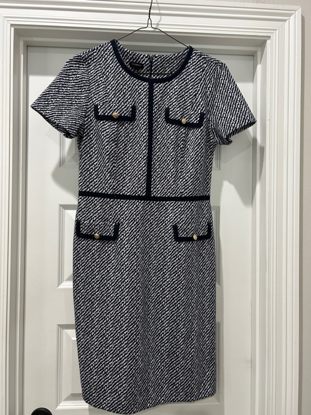 Talbots Navy and White Textured Short-Sleeve Shift Dress